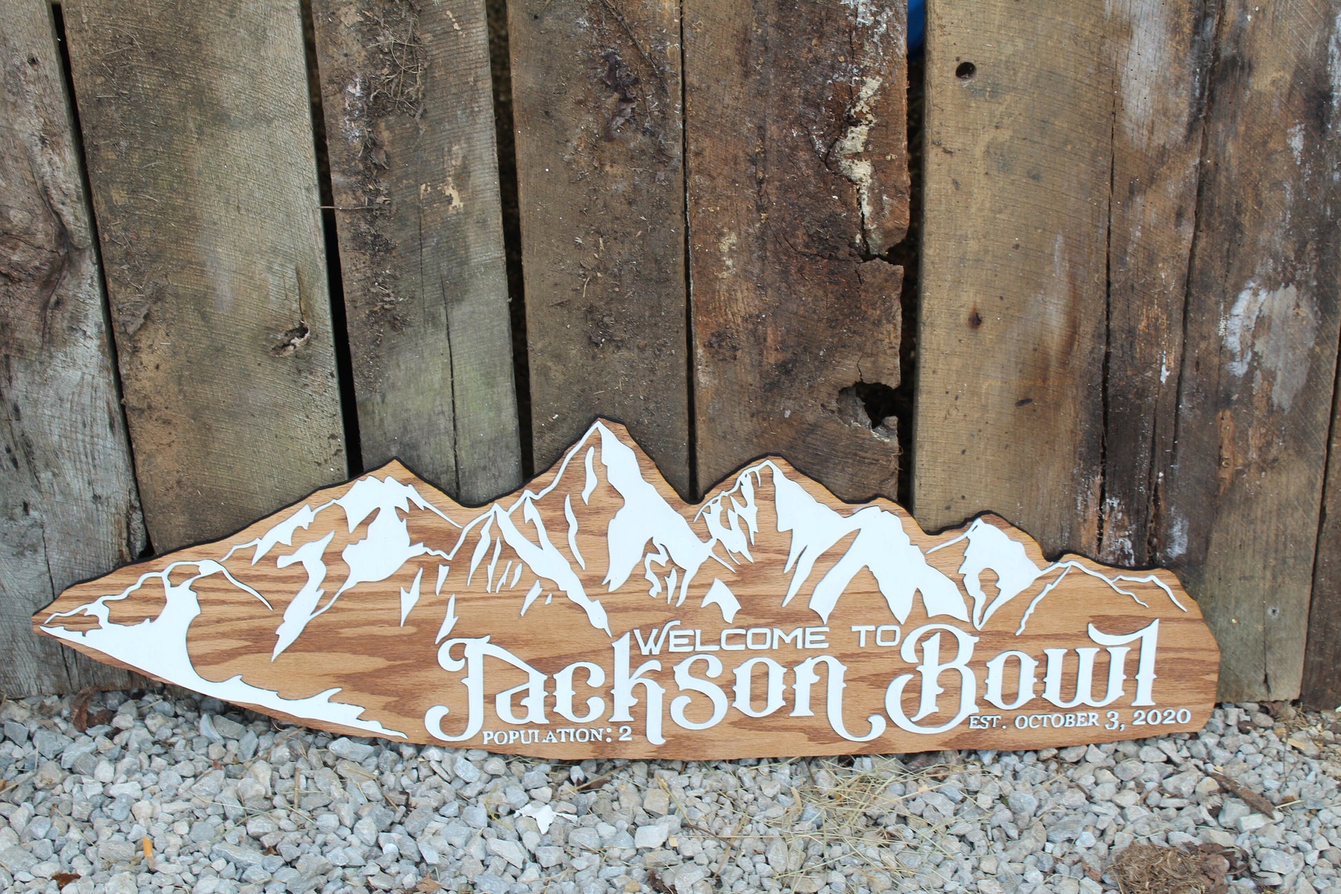 Large Custom Family Name Sign Over-sized Rustic Established Mountain Range Contour Shape Wood Raised Text