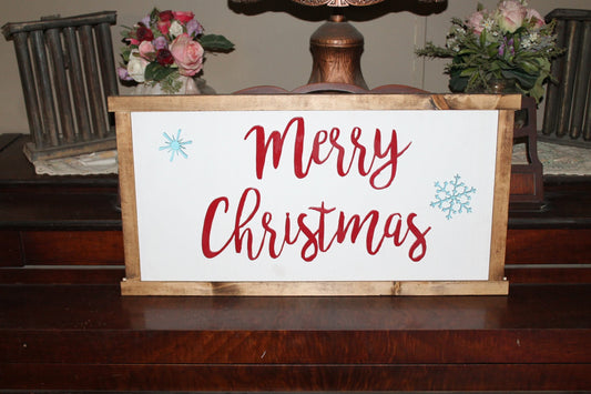 Raised Text Sign Merry Christmas Snowflakes Wood Decoration Winter 3D Red Blue Framed Seasonal Primitive