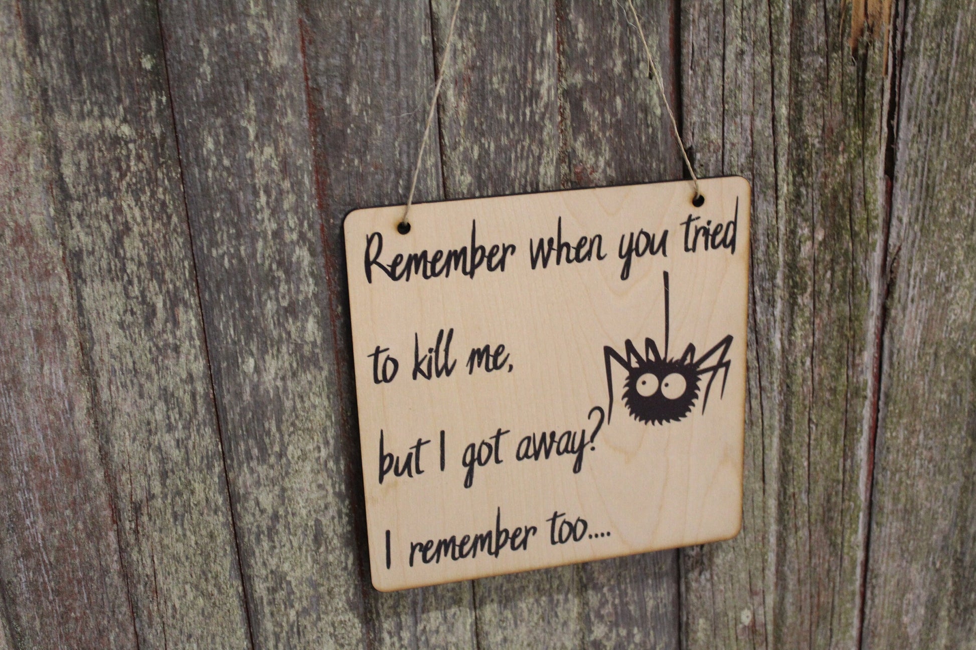 Spider Funny Sign Wood Decor Halloween Fall Remember When You Tried To Kill Me Decoration Joke Wall Décor Wood Print