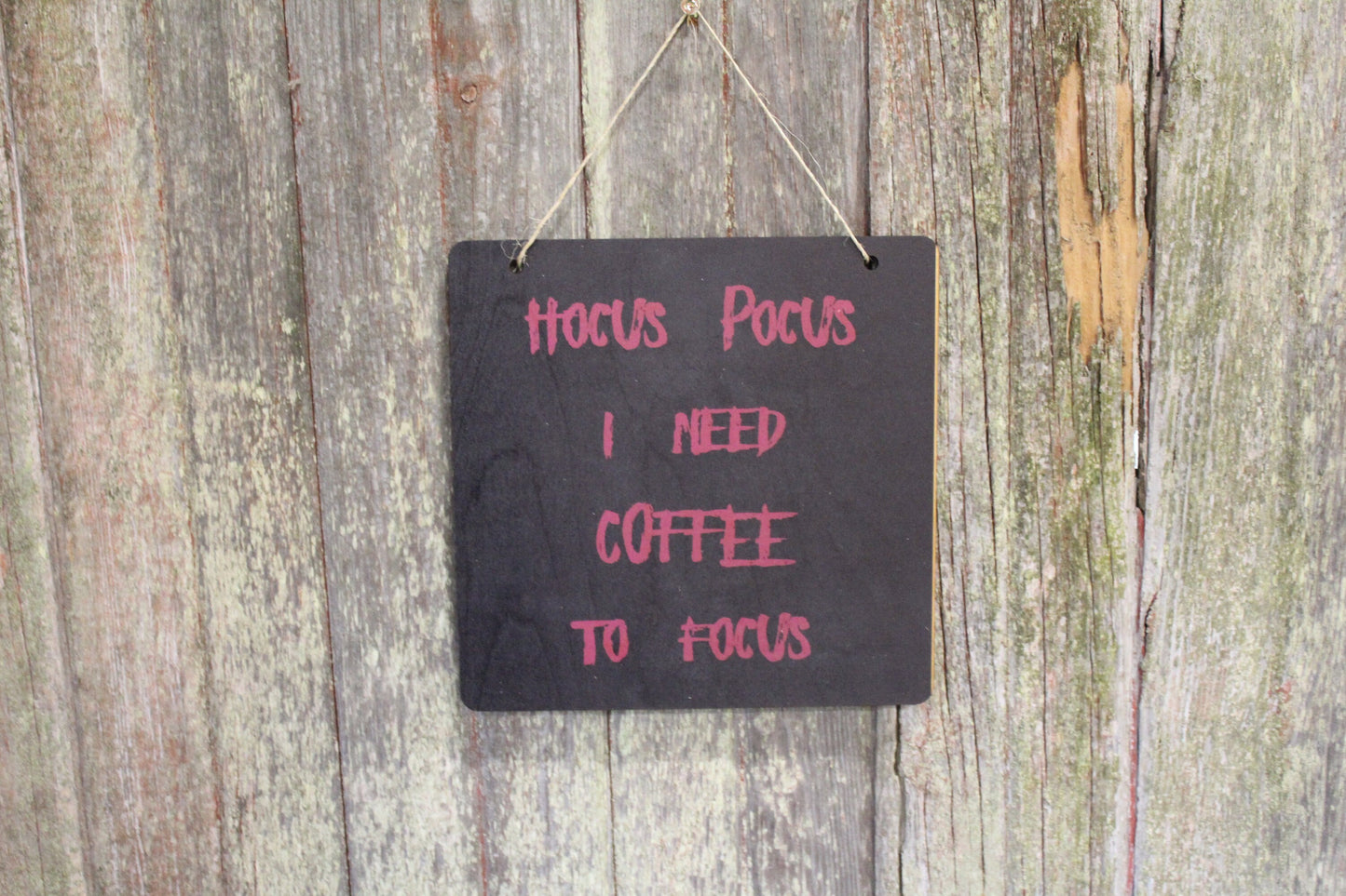 Hocus Pocus Sign I Need Coffee to Focus Wood Decor Halloween Fall Decoration Joke Wall Décor Wood Print Purple Black Wall Hanging