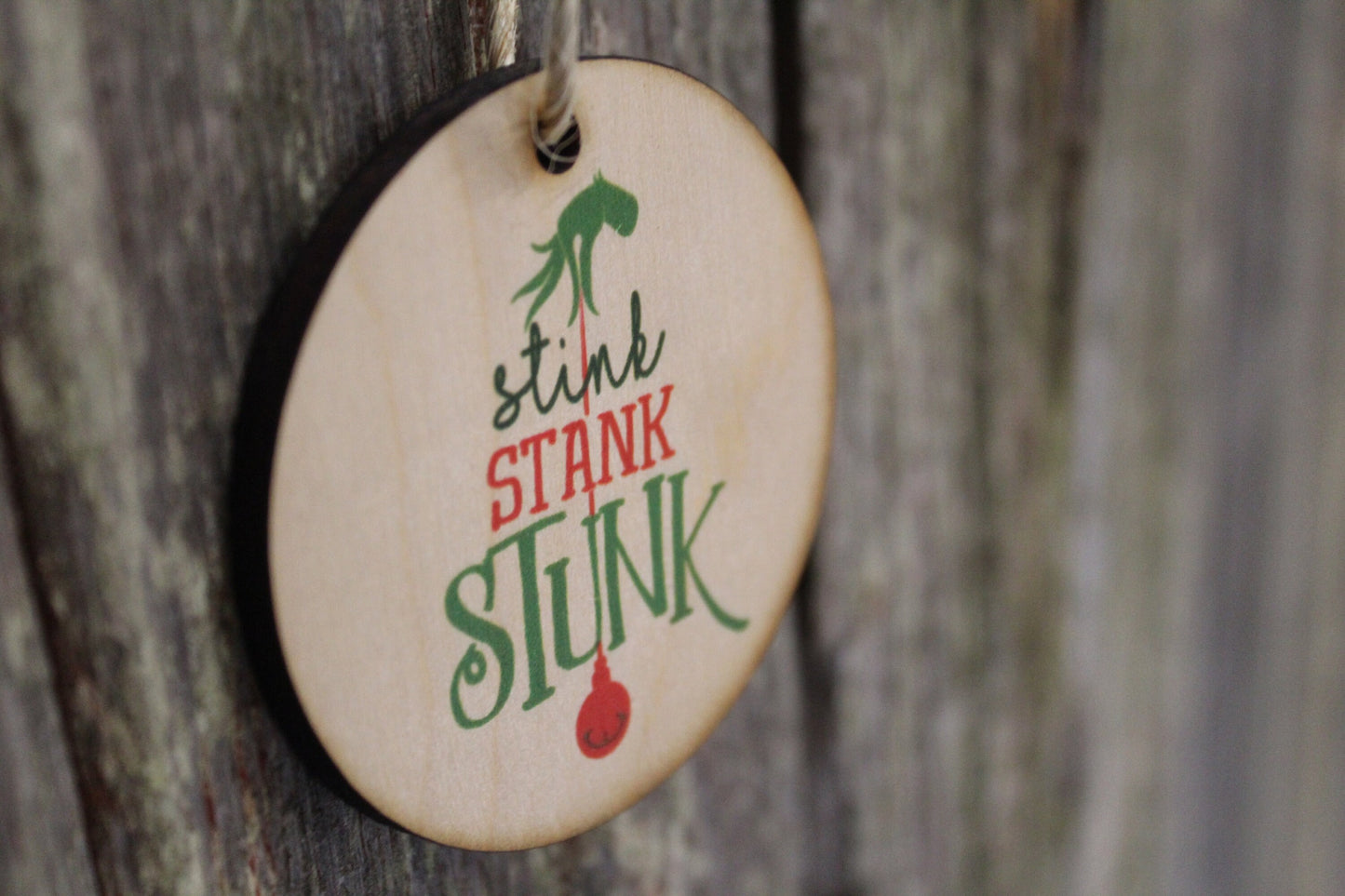 Set of 3 Stink Stank Stunk Ornament Mean One Christmas Keychain Décor Wood Sign Tree Gift Cute Funny Hand Green Festive