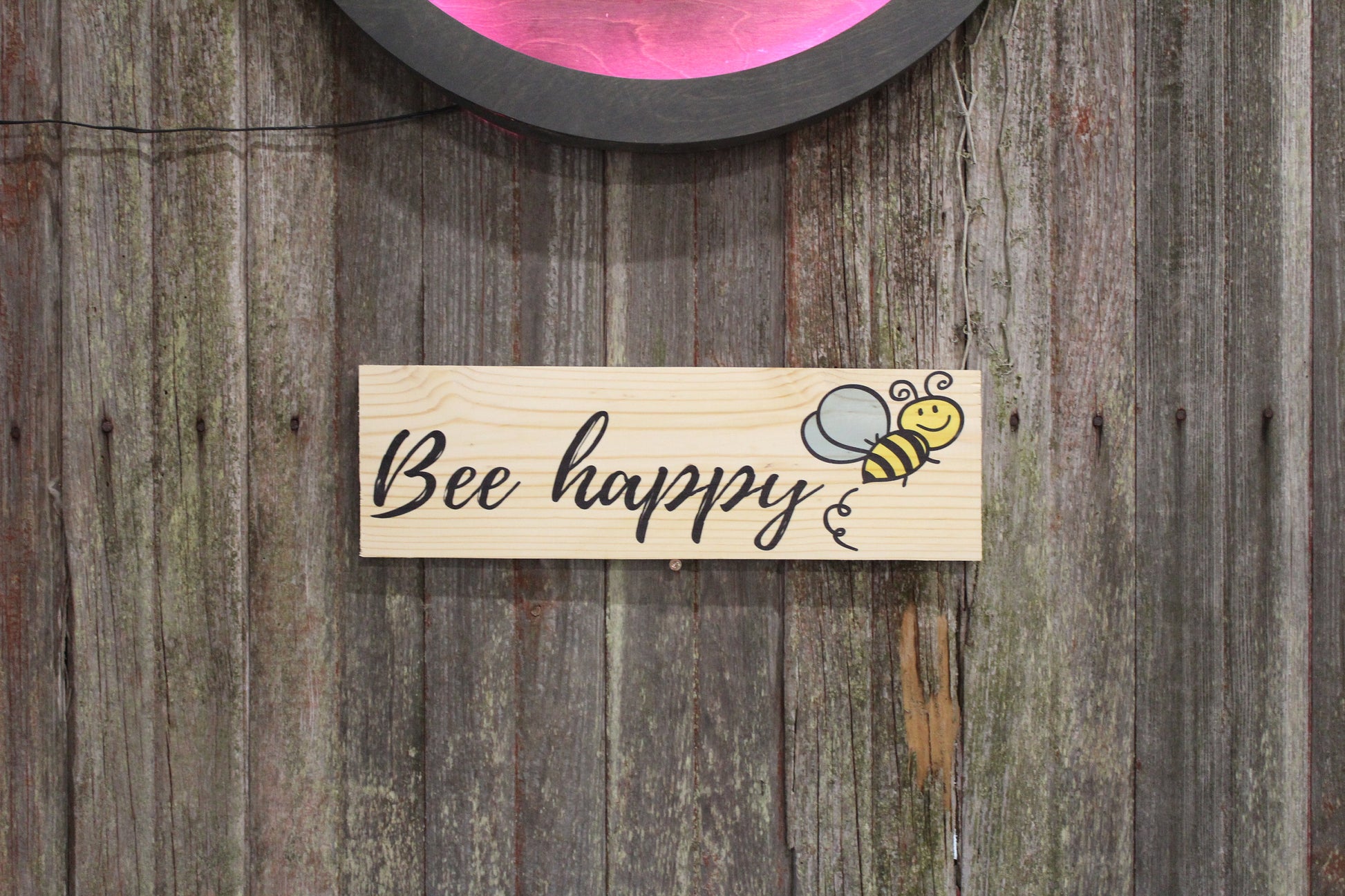 Bee Happy Rustic Wall Hanging Cartoon Sitter Bubble Bee Decoration Happy Wall Hanger Wood  Spring Decor Print