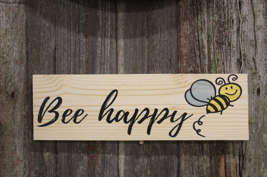 Bee Happy Rustic Wall Hanging Cartoon Sitter Bubble Bee Decoration Happy Wall Hanger Wood  Spring Decor Print