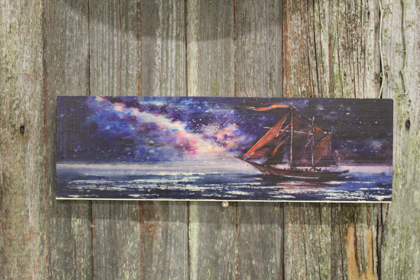 Clipper Ship Wood Decoration Nautical Sail Boat Wall Hanging Night Scene Sunset Ocean Pirate Admiral Block Sitter Mystical Wood Print