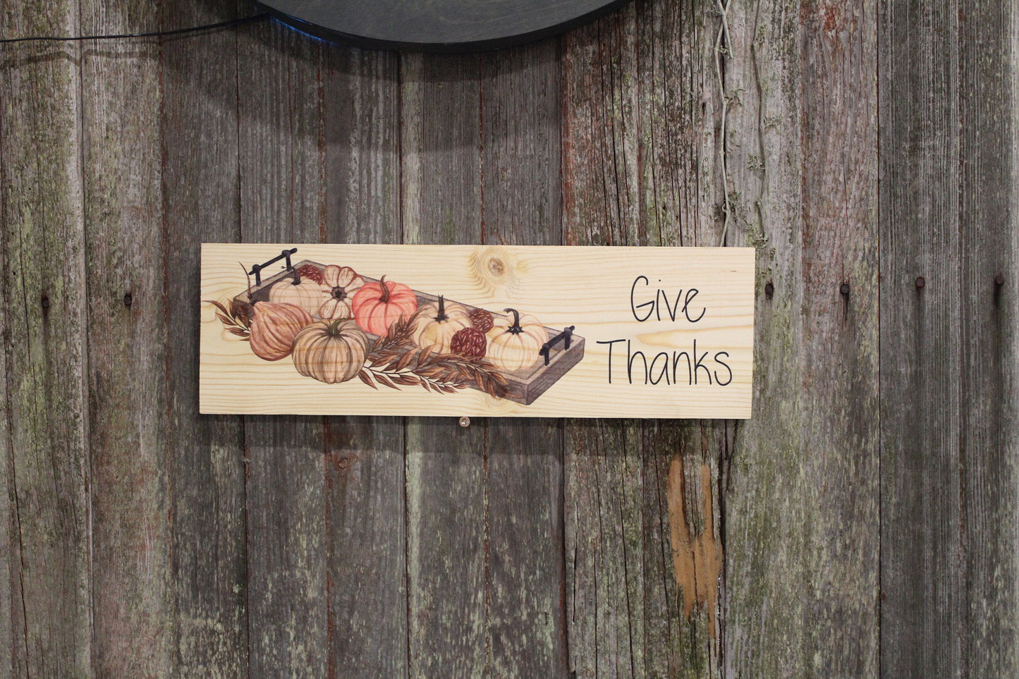Give Thanks Pumpkin Tray Sign Wood White Orange Gourd Thanksgiving Pinecone Fall Autumn Halloween Rustic Country Decoration Wall Decor