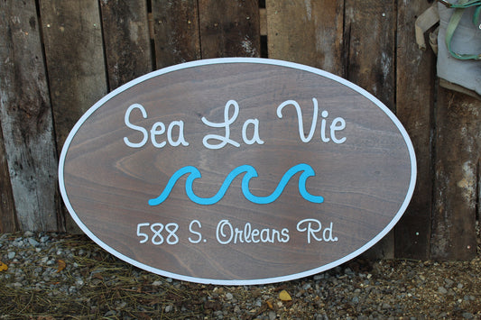 Custom Wood Sign Beach House Ocean Address Sign Entrance Way Gray Business Logo Laser Cut Out Large Oval Custom Wood Sign 3D Raised Text