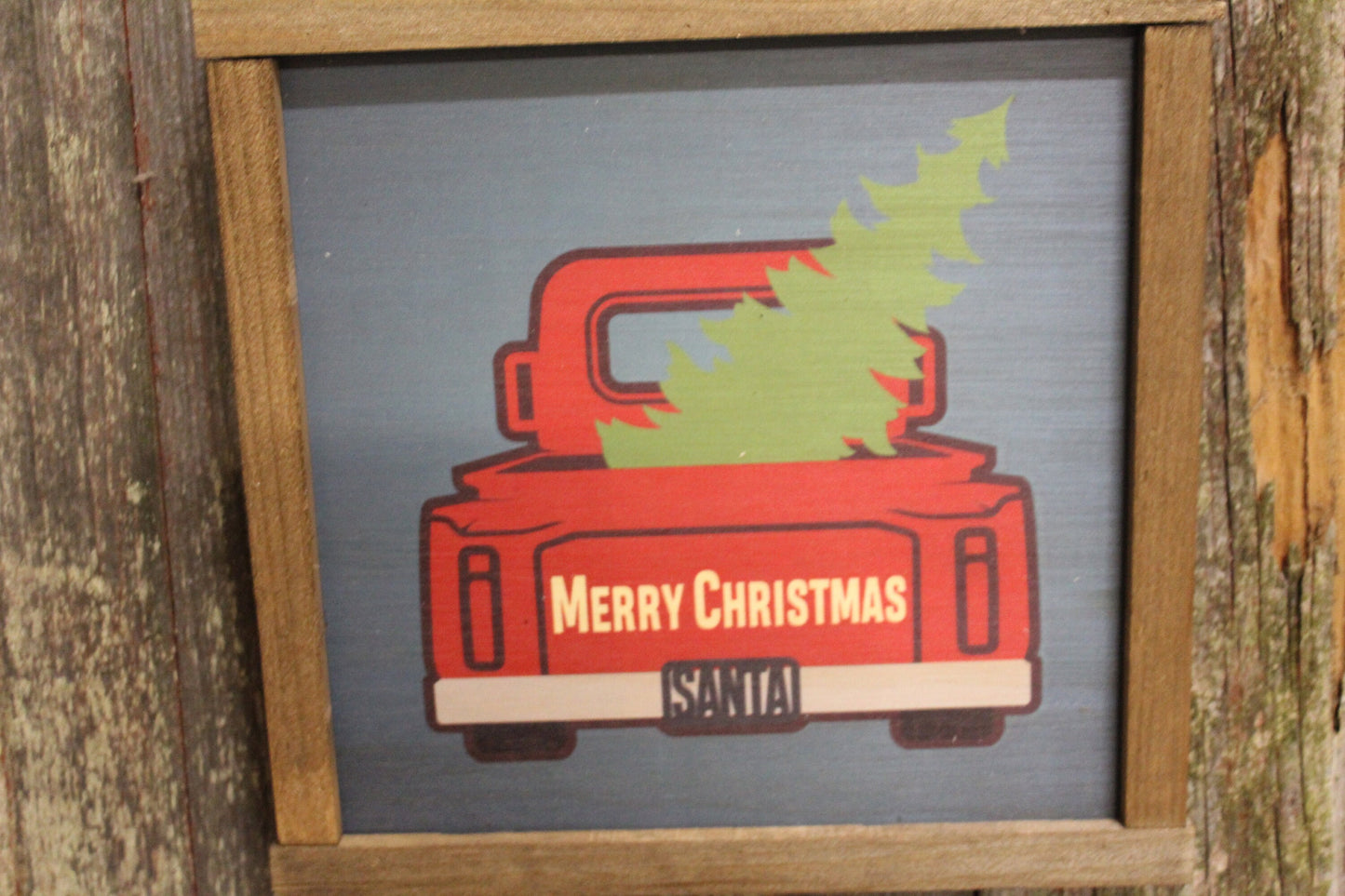 Red Truck Wood Sign Carrying Christmas Tree Santa Merry Christmas Decoration Farmhouse Décor Framed Rustic Printed Winter