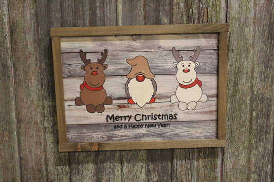 Reindeer Gnome Santa Rudolph Wood Sign Merry Christmas Happy New Year Sign Rustic Wood Decor Farmhouse Decoration Print Primitive