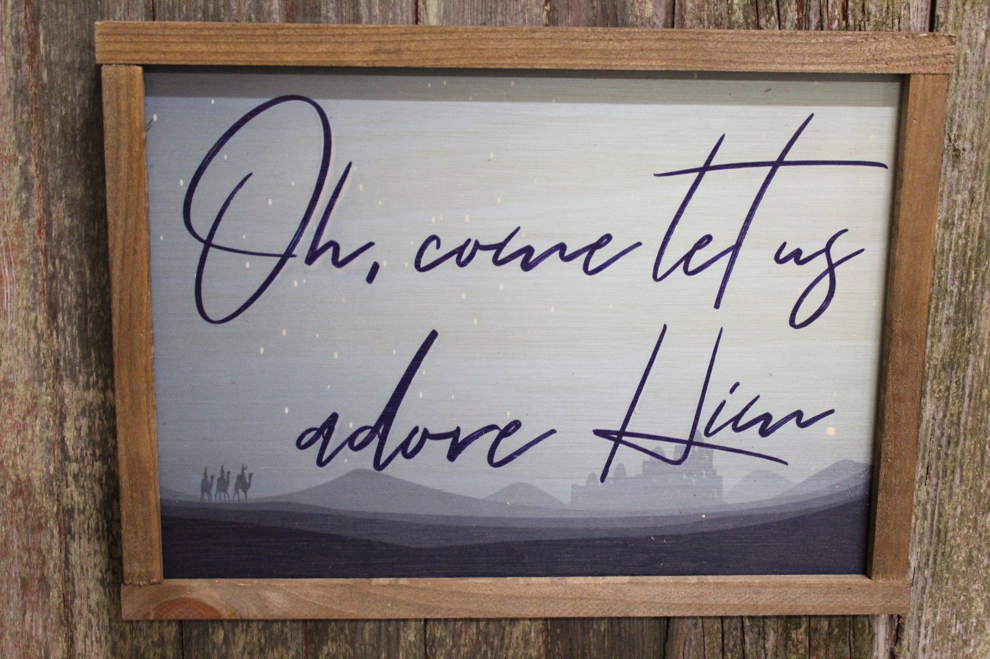Oh Come Let Us Adore Him Wood Sign Three Wiseman Christmas Wall Décor Rustic Framed Print Farmhouse Decoration Primitive