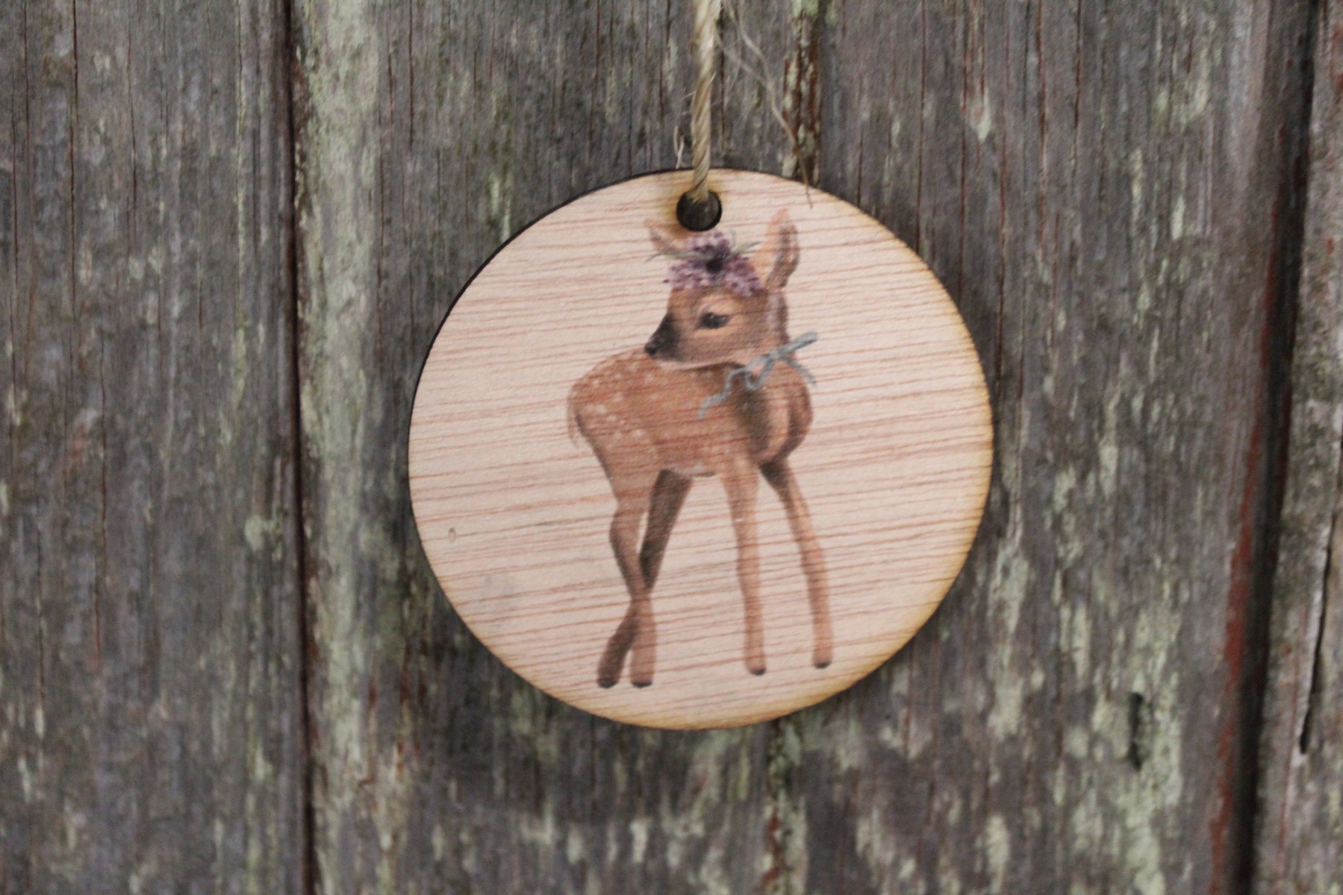 Ornament Baby Fawn Christmas Deer Winter Flowers Floral Crown Ribbon Wall Hanging Tree Rustic Farmhouse Wood
