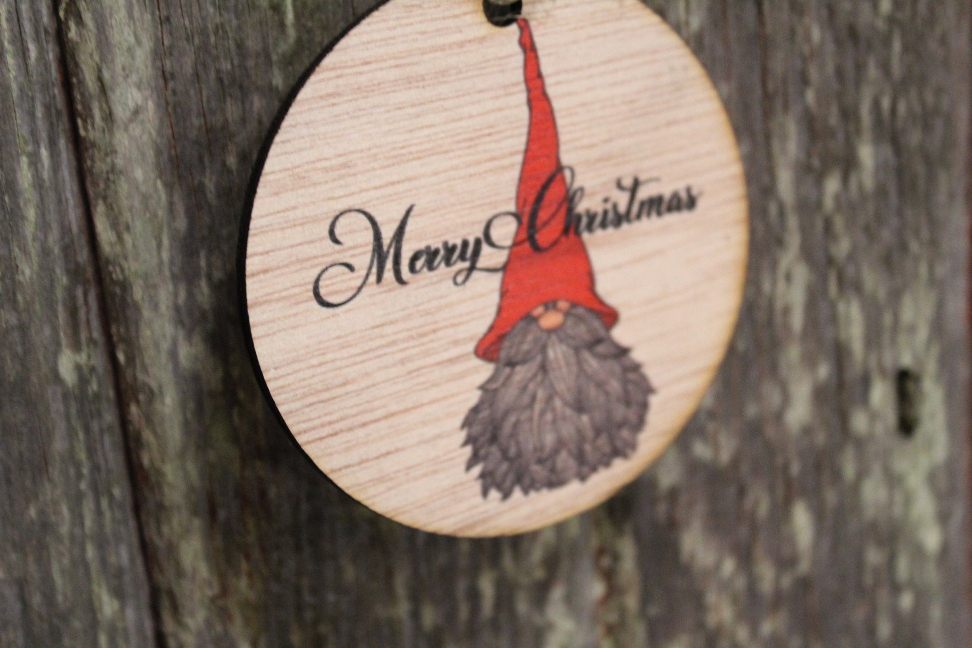 Ornament Gnome Merry Christmas Script Text Elf Decoration Hat Beard Wall Hanging Tree Rustic Farmhouse Wood