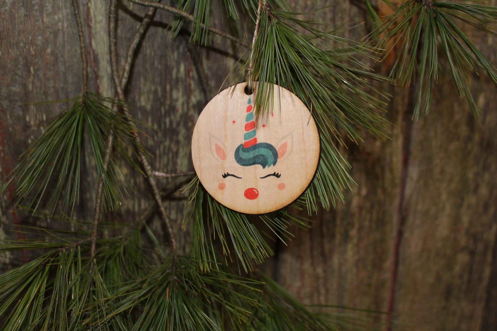 Set of 3 Unicorn Face Ornament Rudolph Red Nose Reindeer Wood Slice Horn Eyelashes Up-close Primitive Christmas Ornament Rustic Tree Printed
