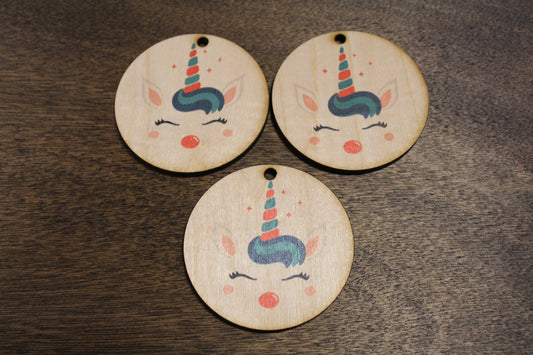 Set of 3 Unicorn Face Ornament Rudolph Red Nose Reindeer Wood Slice Horn Eyelashes Up-close Primitive Christmas Ornament Rustic Tree Printed