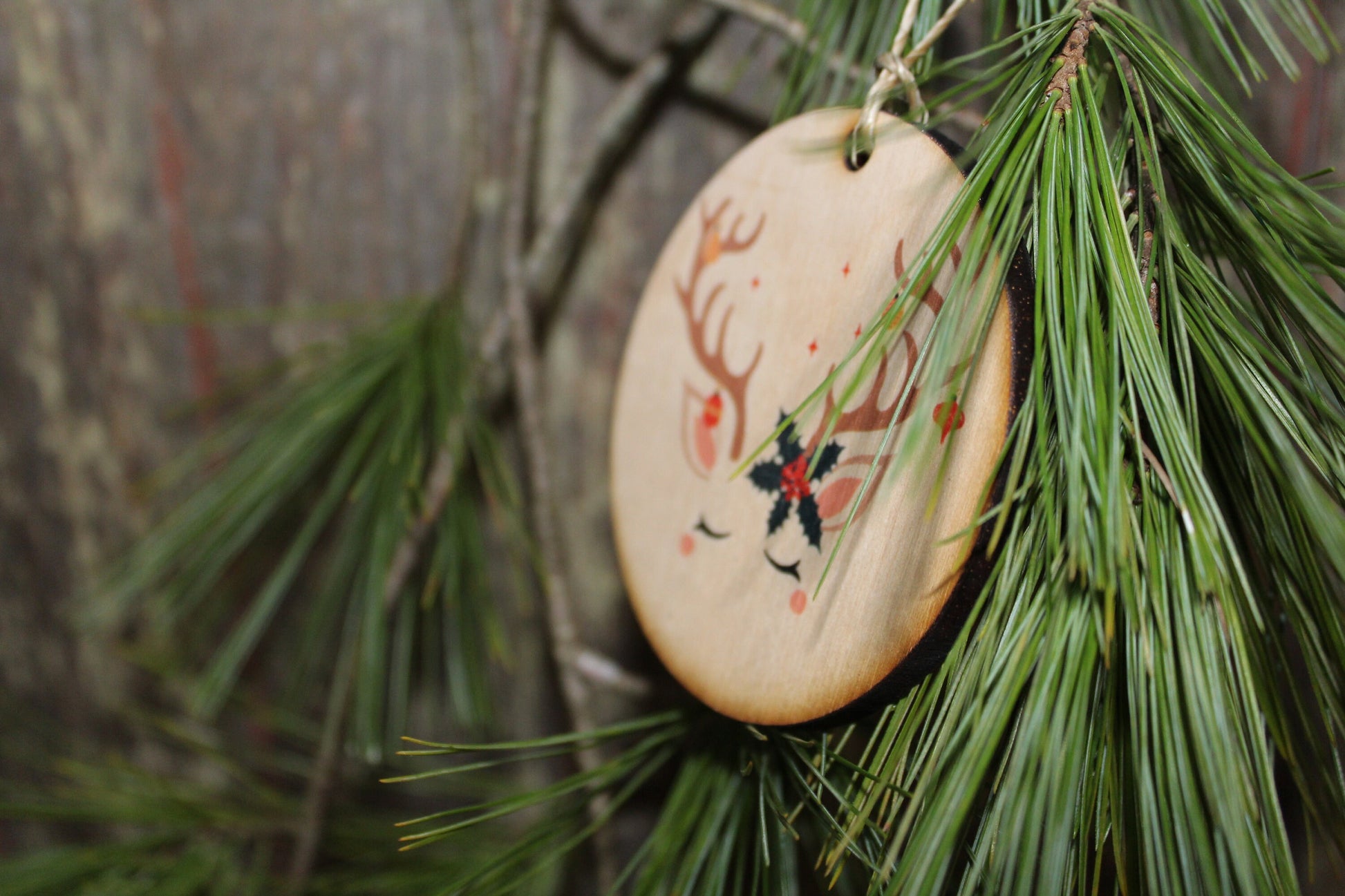 Set of 3 Unicorn Face Ornament Reindeer Antlers Wood Slice Poinsettia Horn Eyelashes Up-close Primitive Christmas Ornament Rustic Tree Print