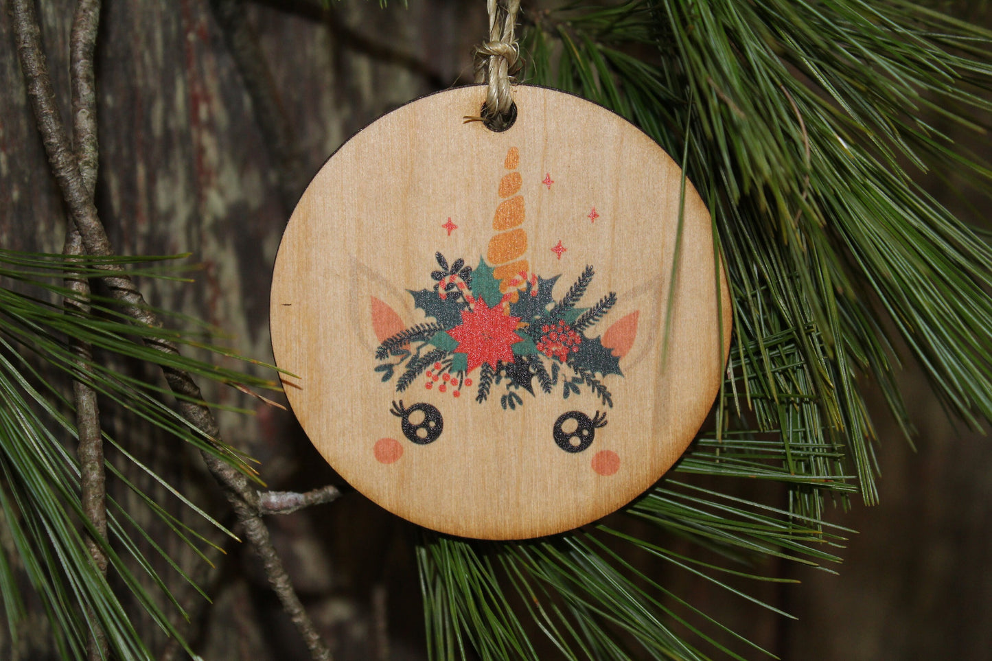 Unicorn Up-close Face Ornament Wood Slice Floral Crown Flowers Crown Primitive Christmas Ornament Rustic Tree Printed