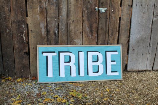 Tribe Wood Sign Minimalist Wall Art Extra Large 3D Raised Text Turquoise Framed Adventure Family Livingroom Couch Over Sized Sign Handmade