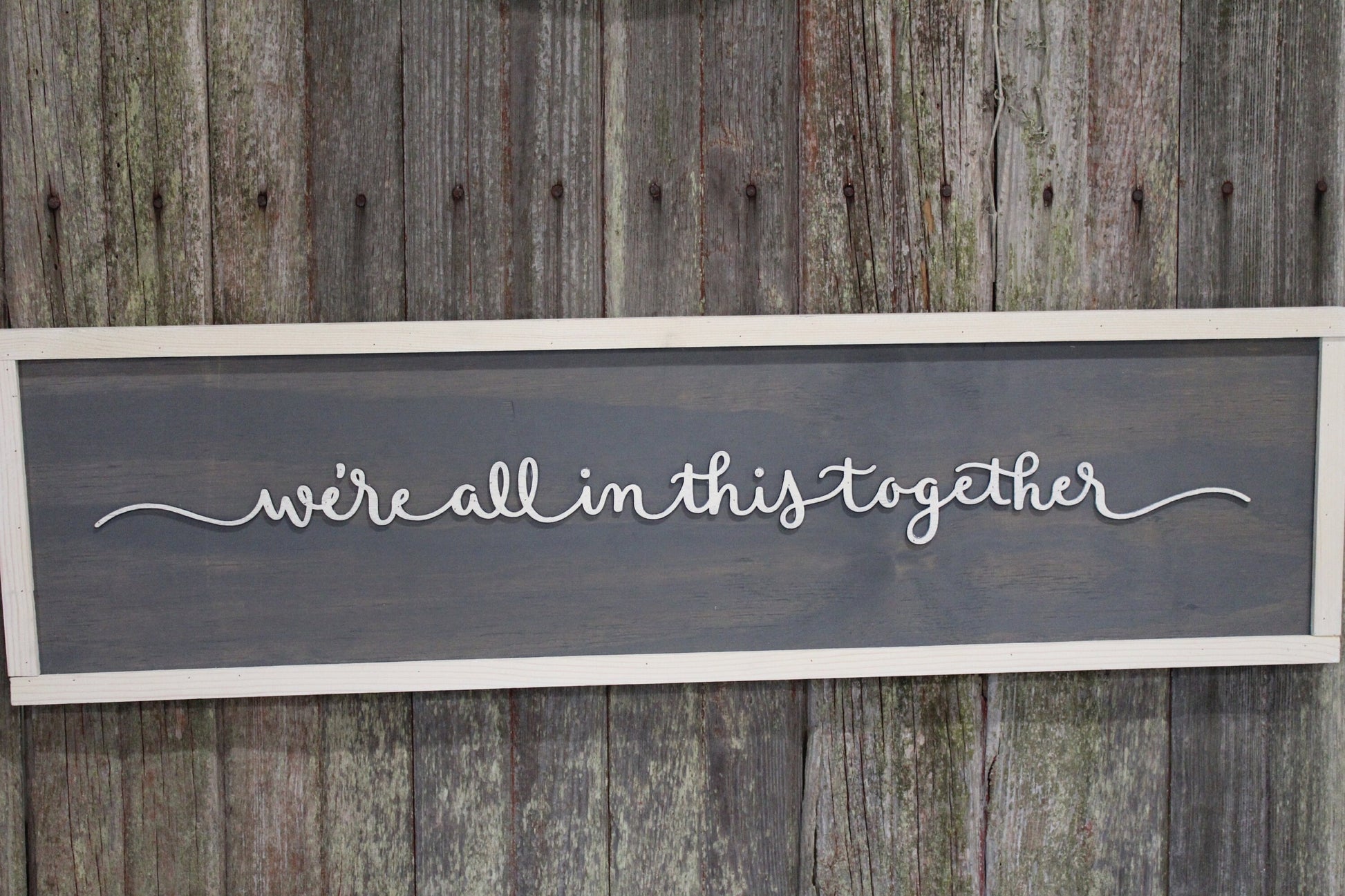 We're All In This Together Script Text Sign Handmade Wood 3D Raised Text Rustic Primitive Wall Decor Shabby Chic Minimalist Wall Art Simple
