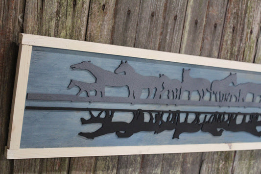Primitive 3D Horse Wood Sign Silhouette Raised Image Reflection Herd Group White Blue Wood Rustic Wall Decor Shabby Chic Wall Art