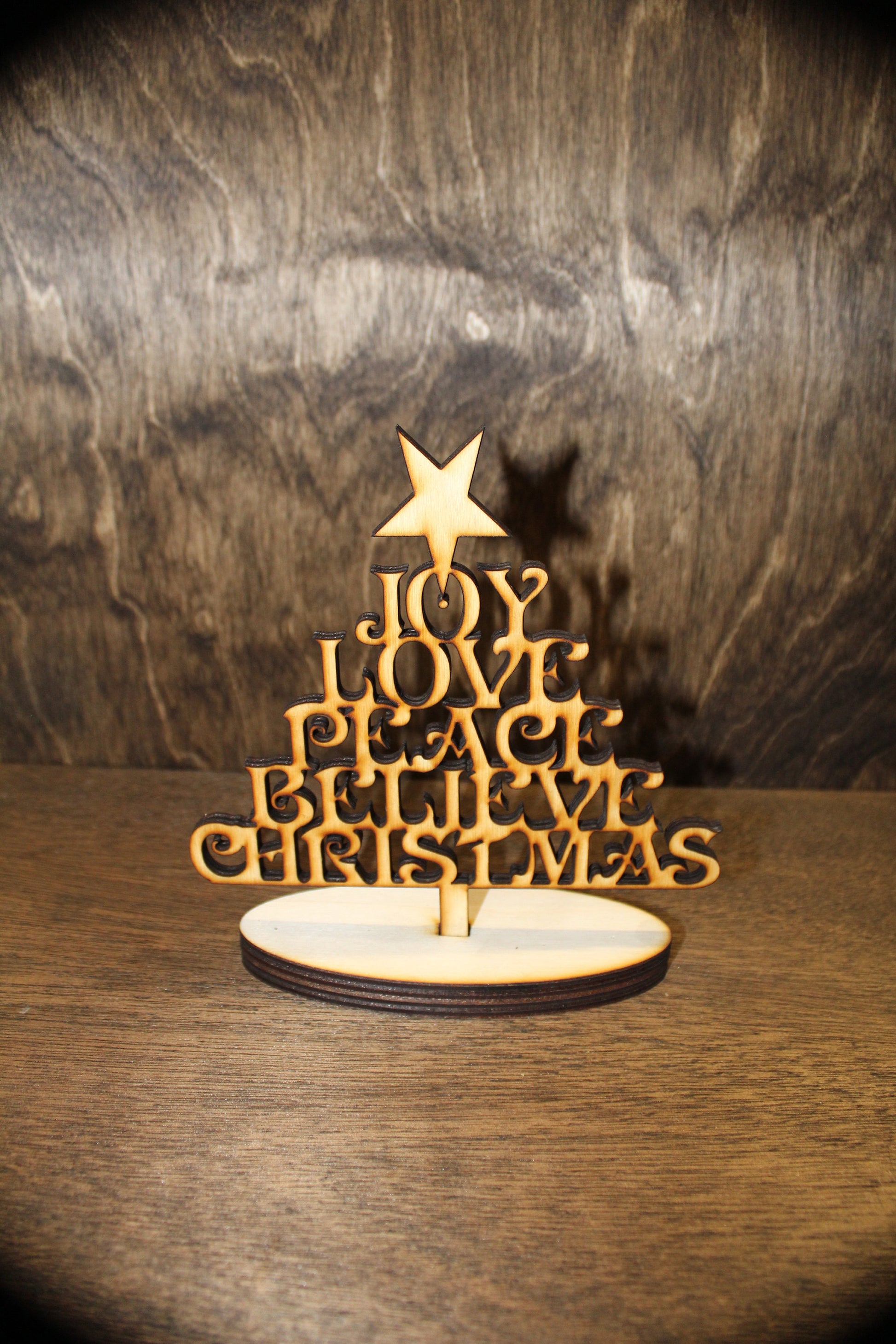 Free Standing Christmas Tree Wood Shelf Sitter Stand 3D Text Joy Love Peace Believe  DIY Wood Word Laser Cut Wooden Decor Birch