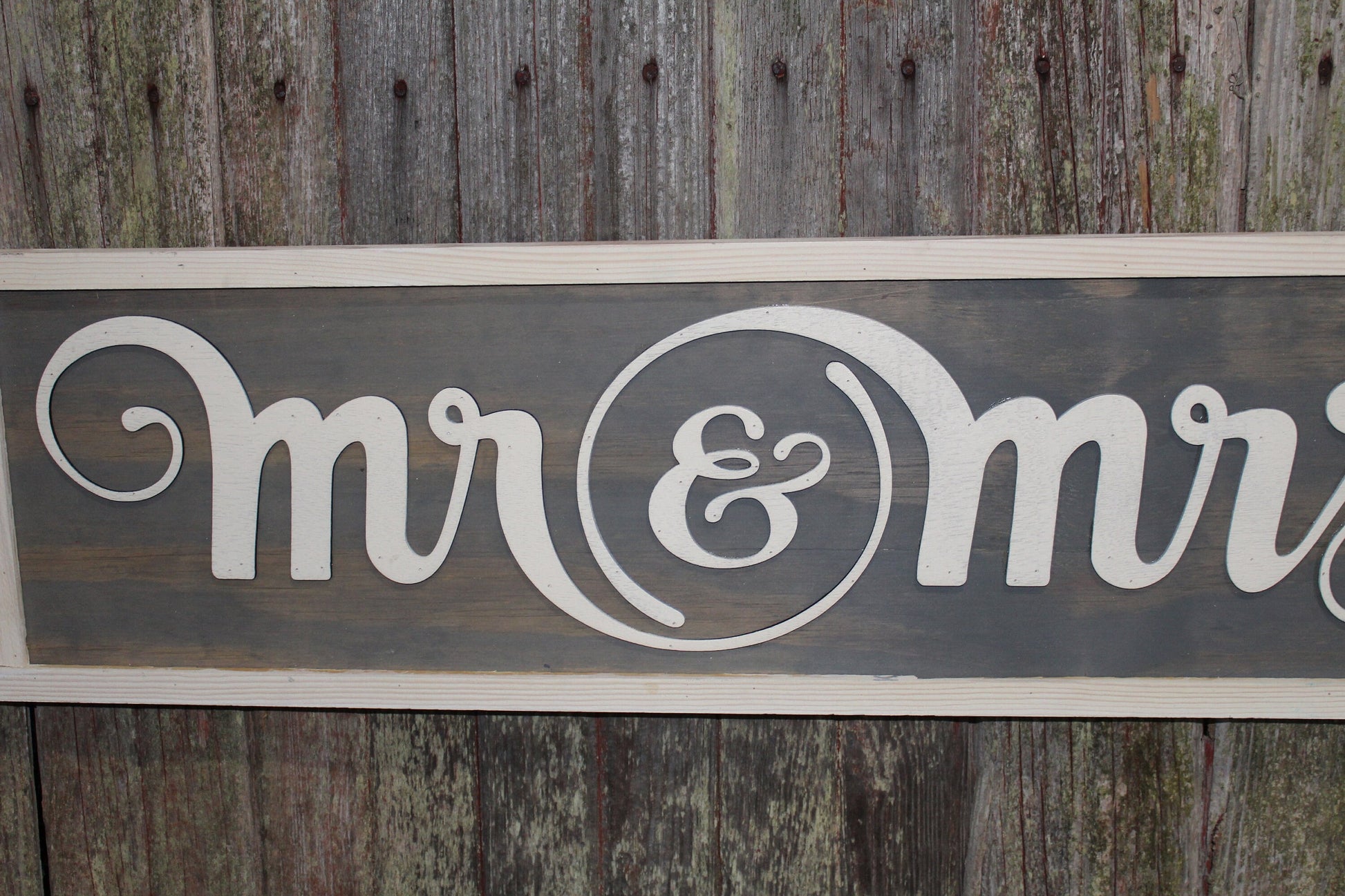 Anniversary Sign Mr and Mrs Text Wedding Gift Valentines Day Gray and White Raised Text 3D Script Wood Sign Rustic Wall Decor Barn Sign