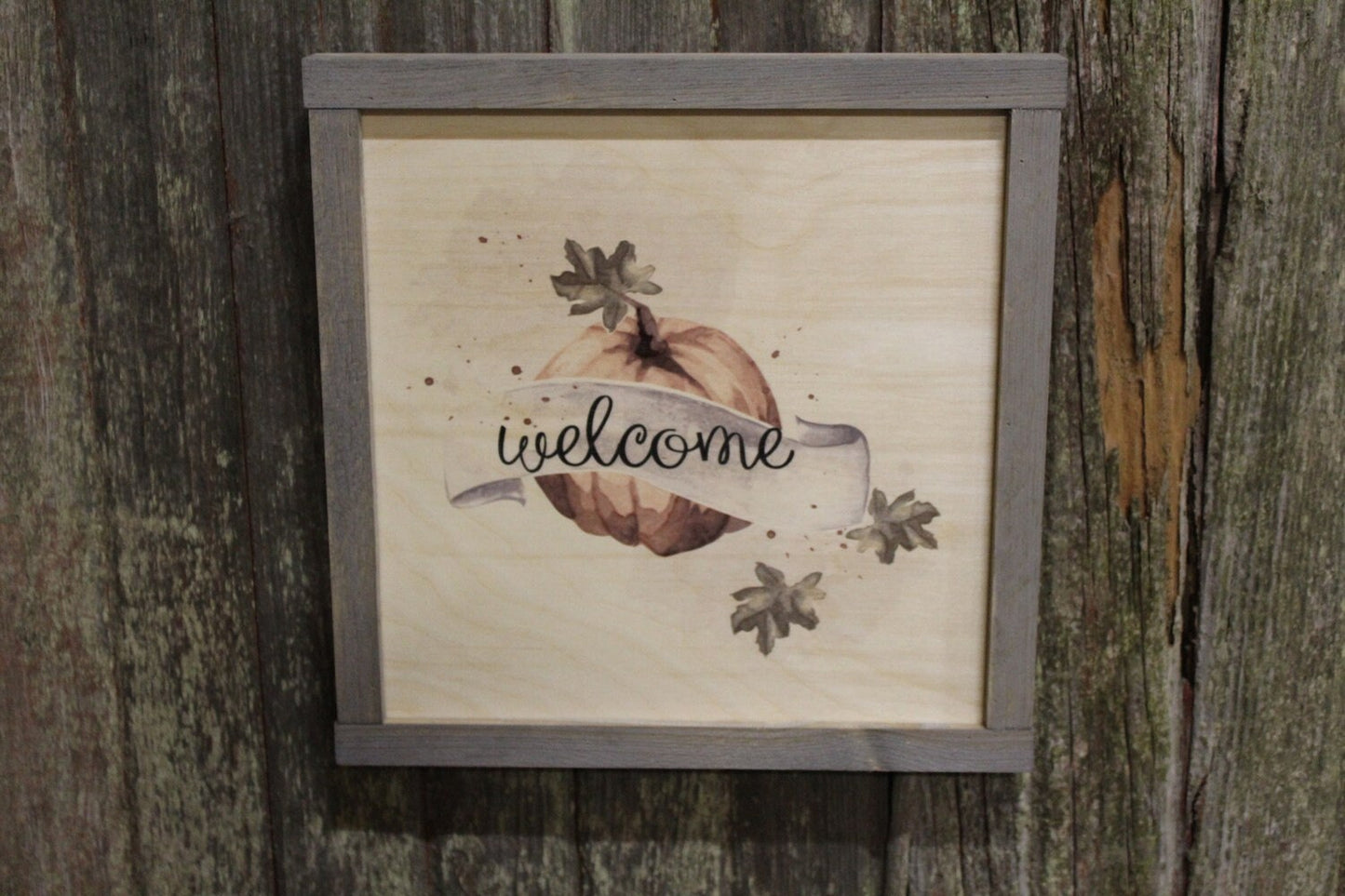 Watercolor Fall Print Pumpkin Welcome Wood Sign Pallet Sign Banner Autumn Leaves Text Script Décor Decoration Print Wall Art Framed Gift