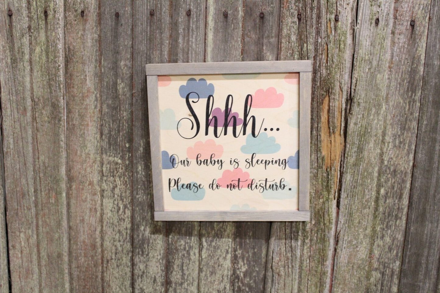 Clouds Nursery Sign Shhh Baby Is Sleeping Framed Wood Pastel Please Do Not Disturb Do Not Knock Ring Bell Wall Art Rustic Decoration Decor