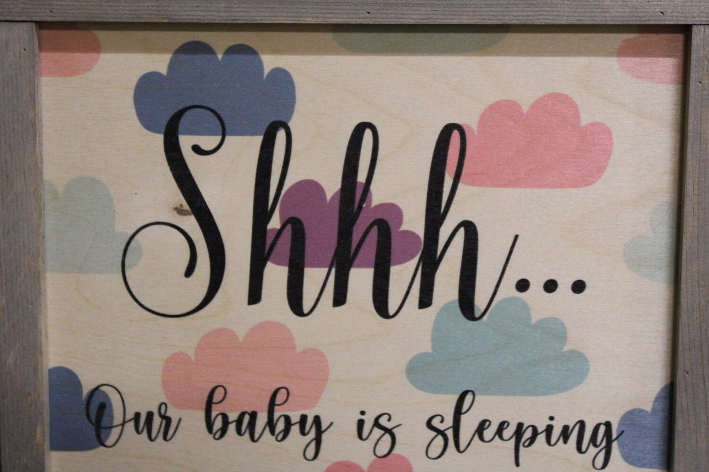 Clouds Nursery Sign Shhh Baby Is Sleeping Framed Wood Pastel Please Do Not Disturb Do Not Knock Ring Bell Wall Art Rustic Decoration Decor