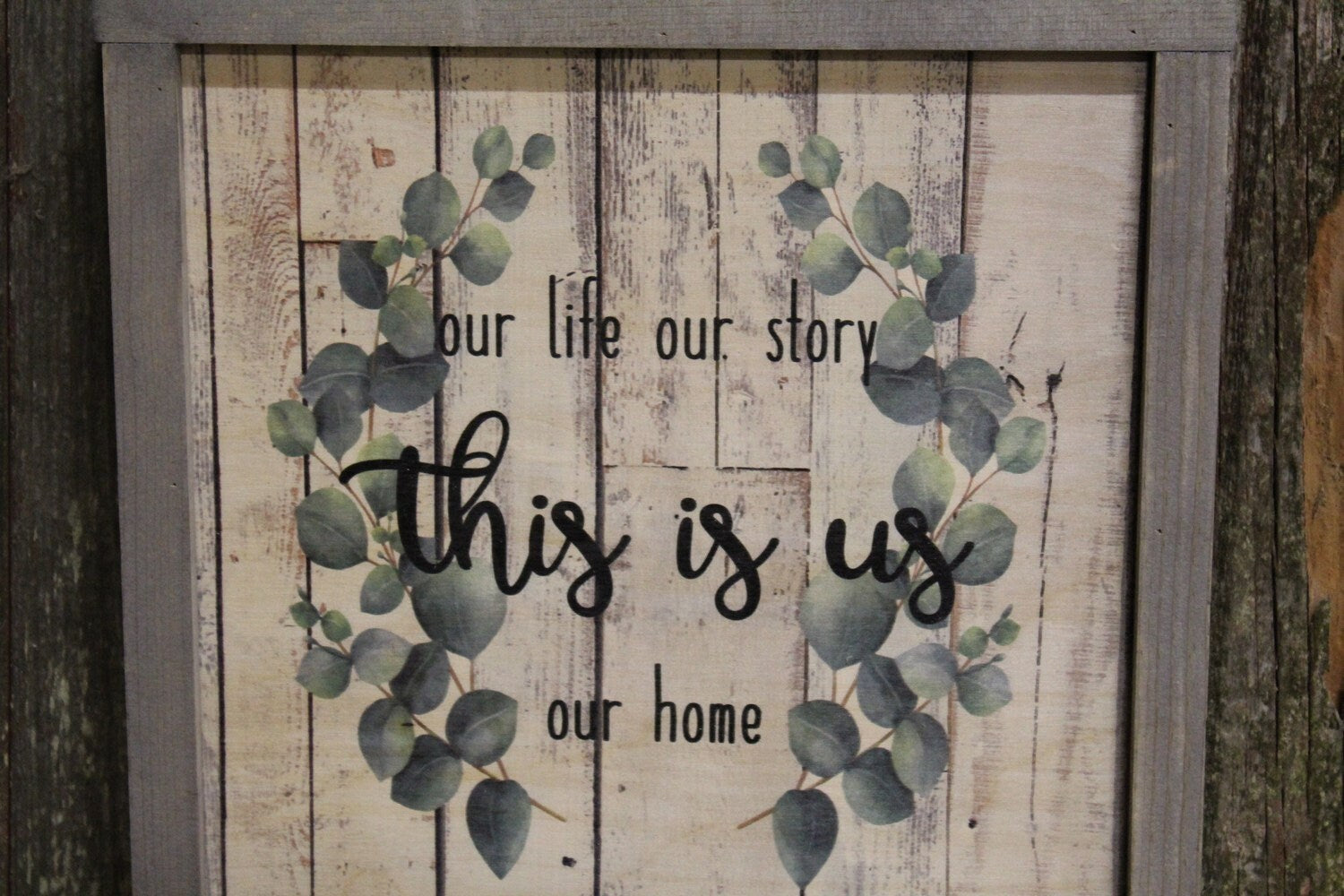 Framed This is Us Wood Sign Eucalyptus Wreath Our Life Our Story Our Home Rustic Text Decoration Print Farmhouse Primitive Wall Art Barn