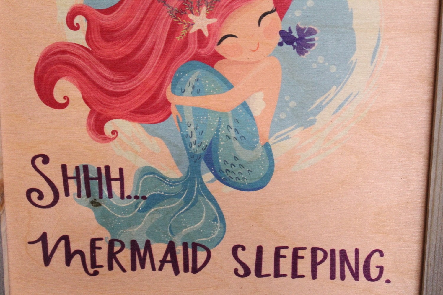Shhh Mermaid Sleeping Wood Sign Gray Frame Under the Water Wall Art Primitive Rustic Decoration Décor Little Girl Do Not Disturb Room Sign