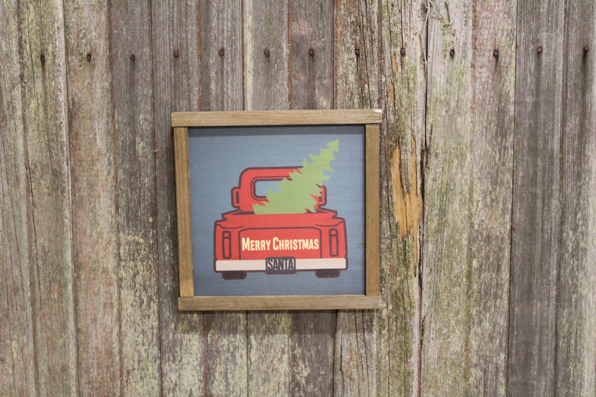 Red Truck Wood Sign Carrying Christmas Tree Santa Merry Christmas Decoration Farmhouse Décor Framed Rustic Printed Winter