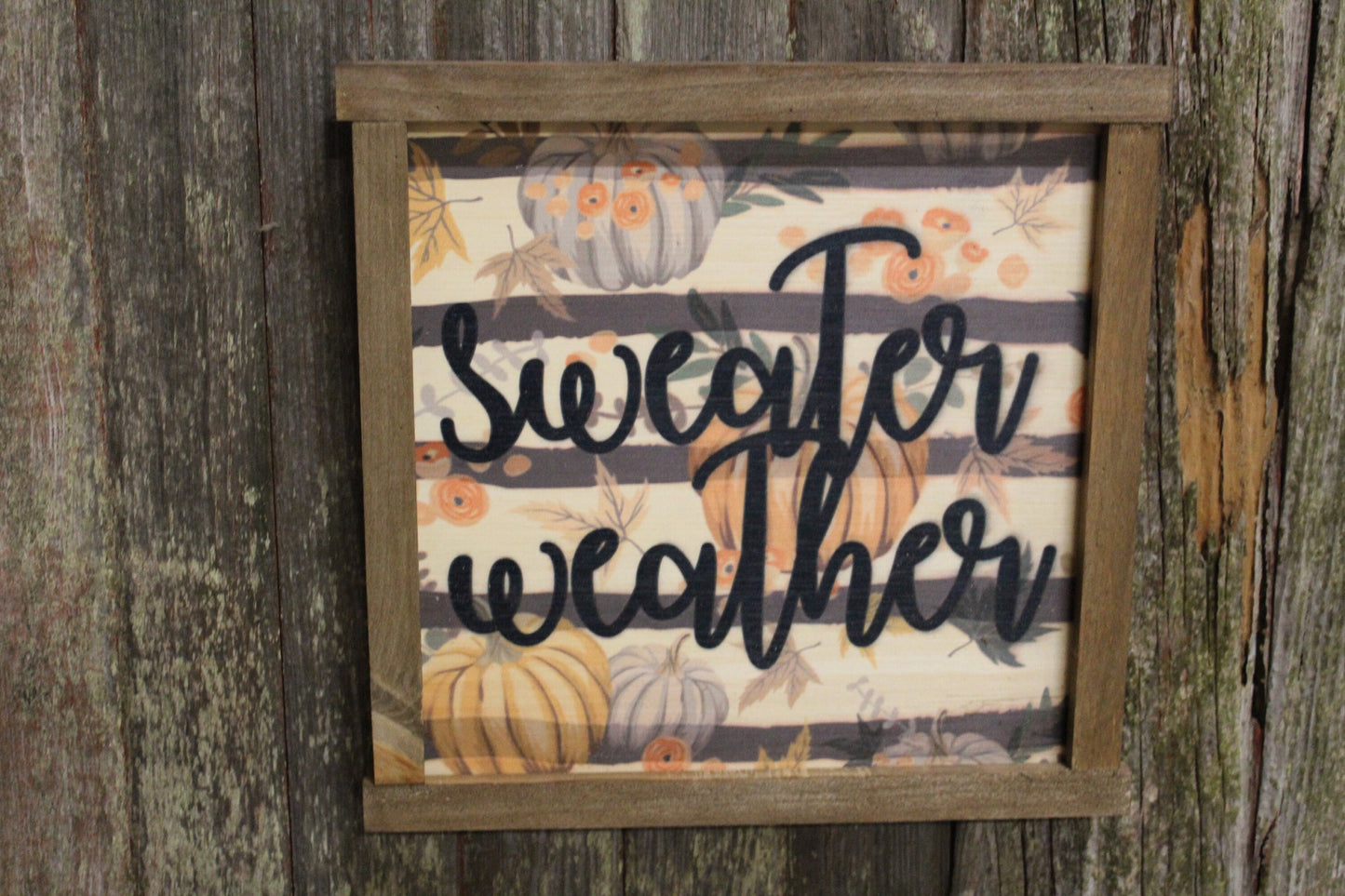 Sweater Weather Wood Sign Pumpkins Farmhouse Décor Autumn Fall Leaves Medium Framed Rustic Printed Script Black and White