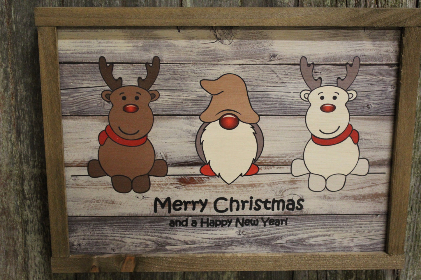 Reindeer Gnome Santa Rudolph Wood Sign Merry Christmas Happy New Year Sign Rustic Wood Decor Farmhouse Decoration Print Primitive