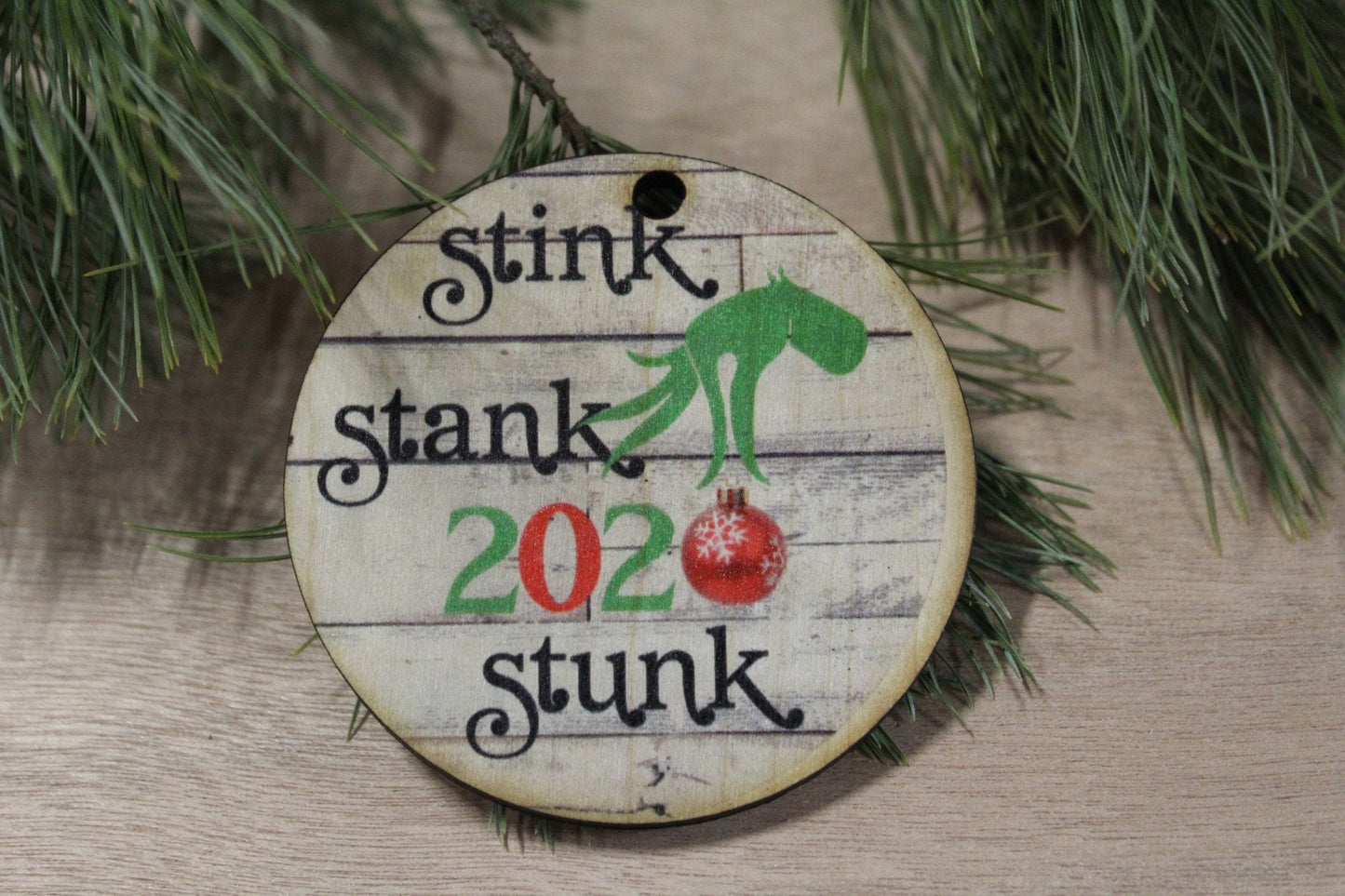 Set of 3 Stink Stank Stunk Ornament 2020 With Date Grouch Christmas Keychain Décor Wood Sign Tree Gift Cute Character Hand Green Festive