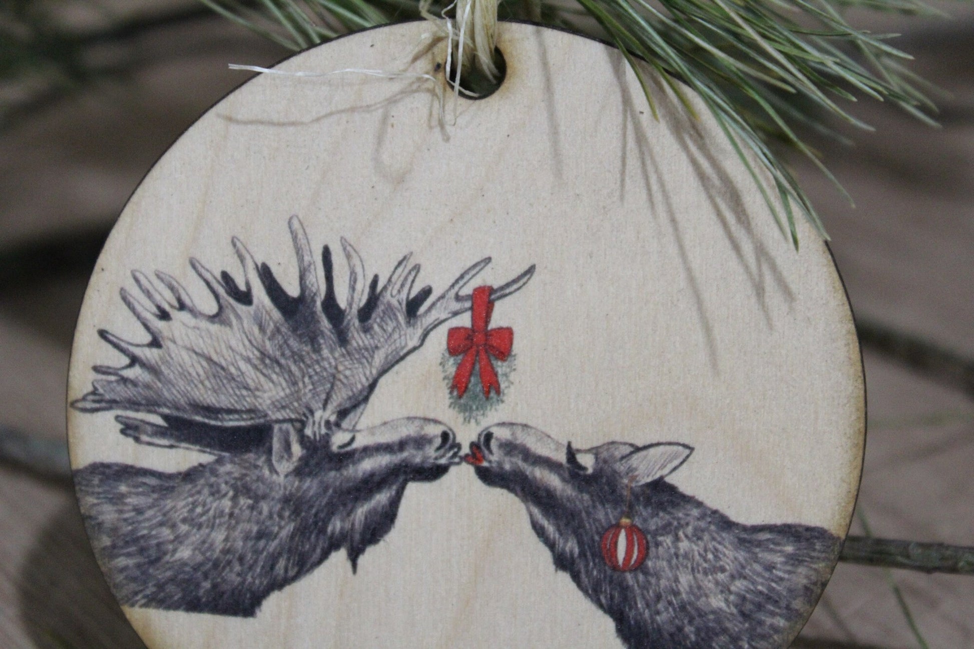 Couple Moose and Bull Christmas Kiss Wood Slice Mistletoe Christmas Mr Mrs Ornament Primitive Face Rustic Tree Printed Antlers Smooch