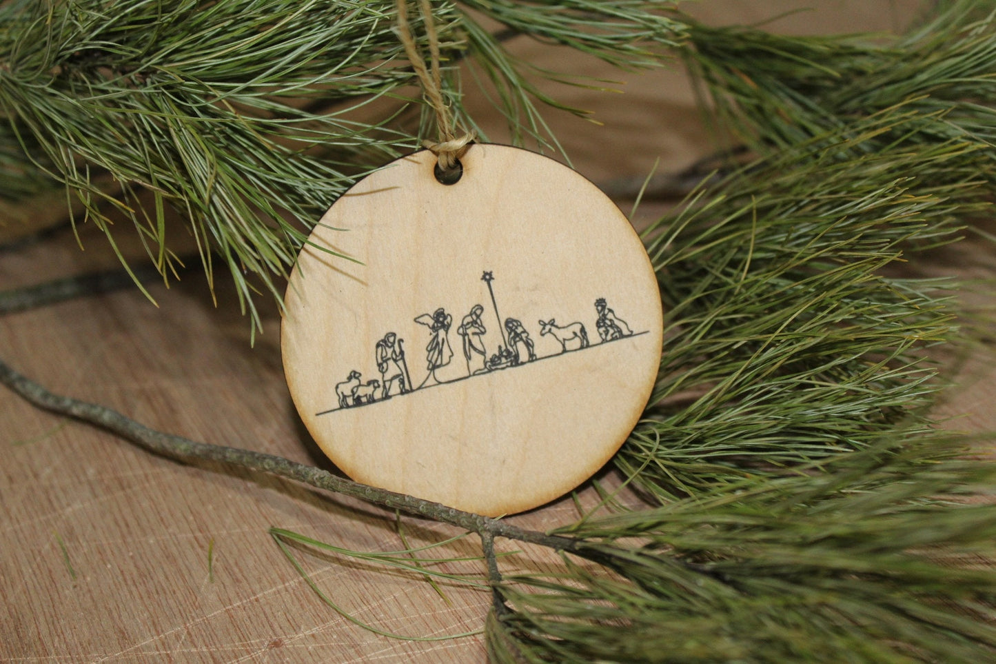 Nativity Scene Ornament Line Art Sketch Wood Slice Holy Family Jesus Mother Mary Joseph Birth Primitive Rustic Tree Printed