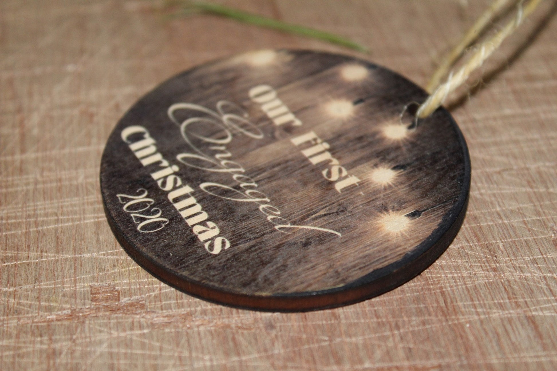 Engaged Celebrate Ornament Our First Christmas Engaged Wood Slice Christmas Tree Primitive Rustic Tree Printed Light Bulb Barn Wood