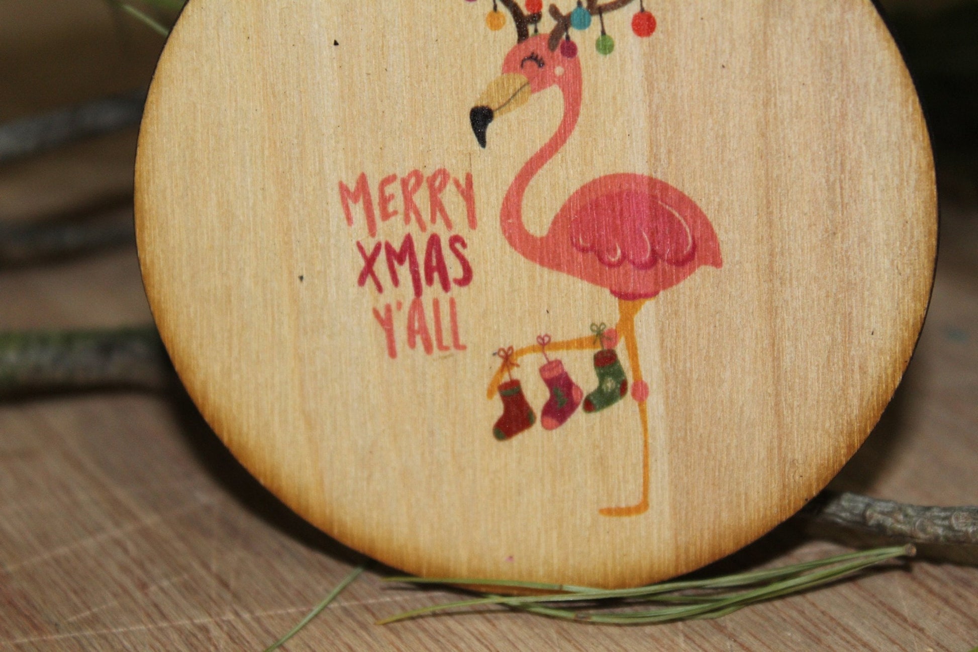 Christmas Flamingo Ornament Merry Xmas Yall Wood Slice Tangled in Christmas Lights Christmas Tree Primitive Rustic Tree Printed Beach Sea