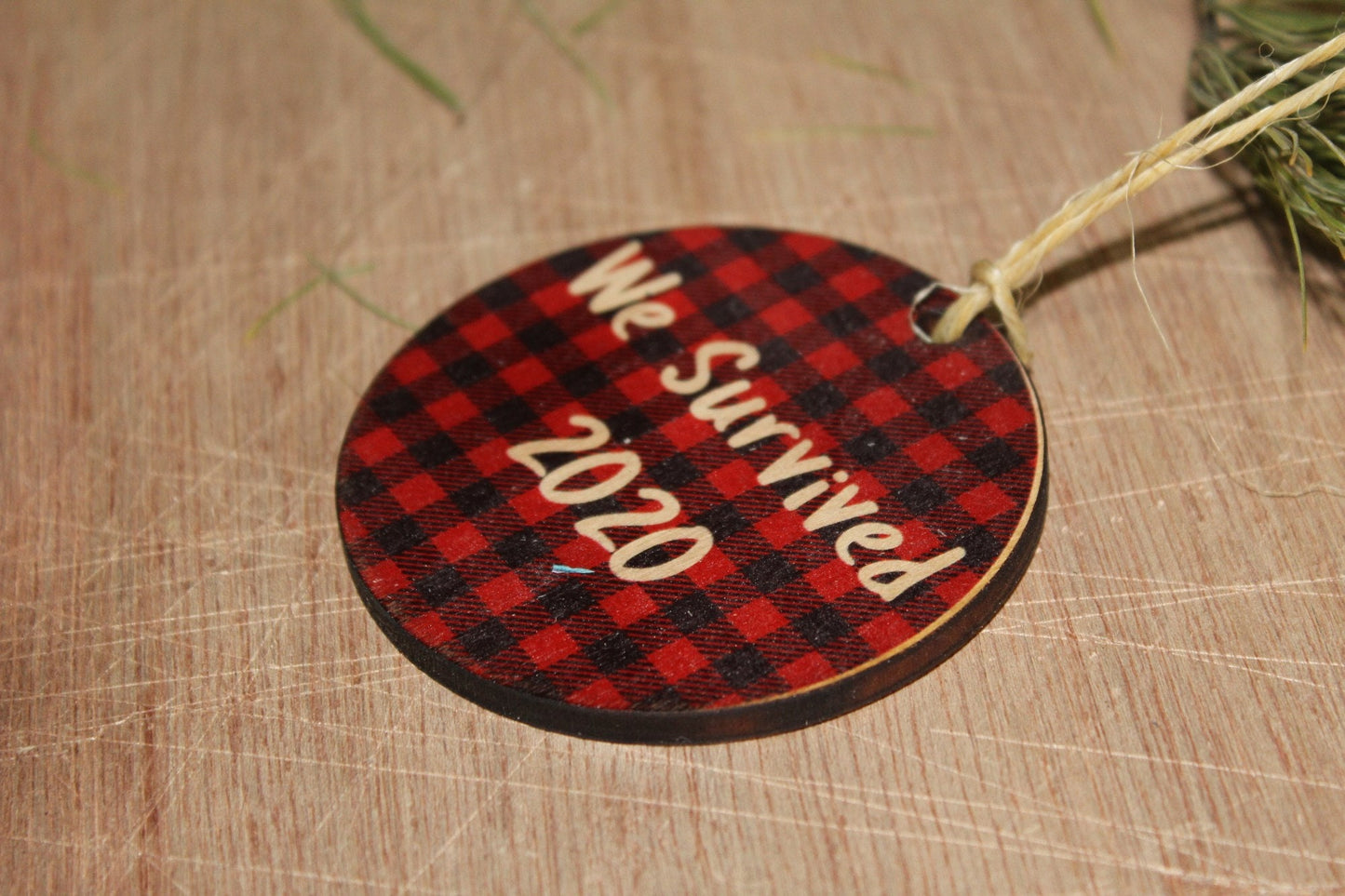 We Survived Giftable Ornament Wood Slice Red Buffalo Plaid Christmas Tree Primitive Rustic Tree Printed Funny Covid Pandemic Farmhouse