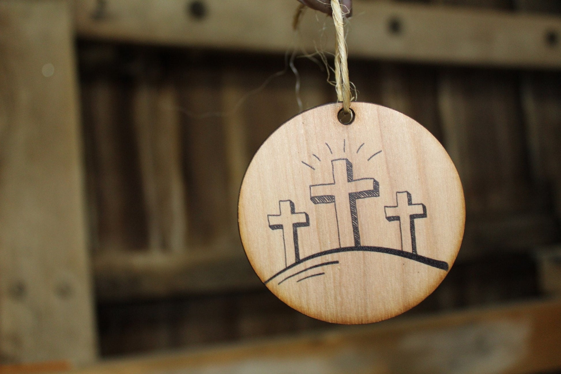 Risen Three Crosses Ornament Wood Slice Cross on the Hill Jesus Second Coming Easter Christmas Tree Primitive Rustic Religious Farmhouse