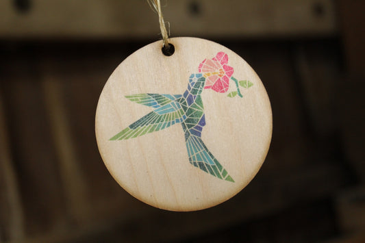 Barn Quilt Hummingbird Ornament Wood Slice Geometric Bird with Flower Pastel Christmas Tree Primitive Rustic Farmhouse