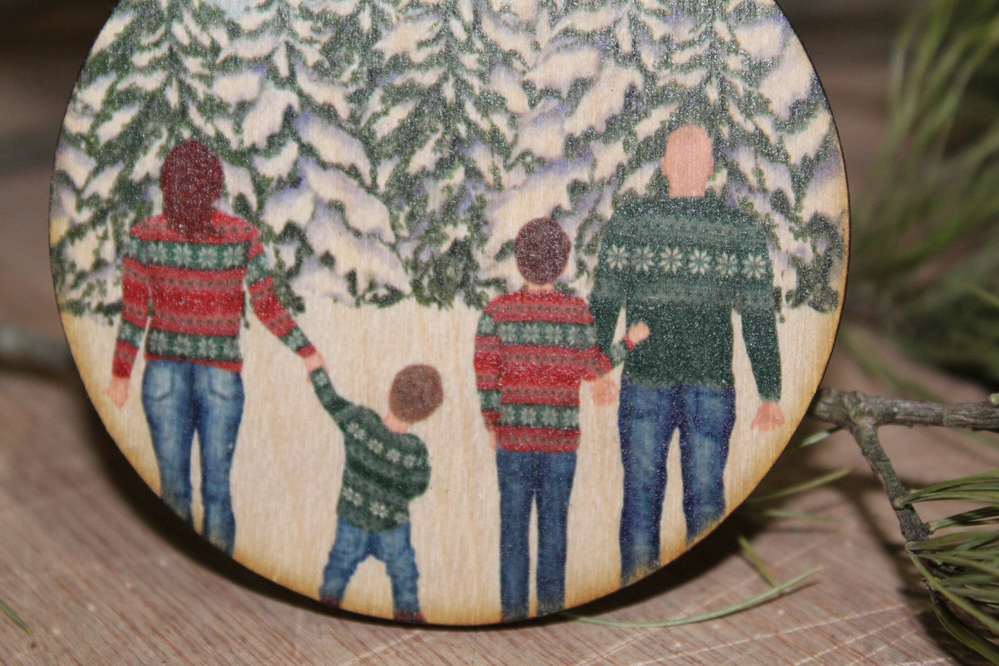 Personalize Your Family Christmas Ornament Wood Slice Winter Snow Christmas Sweater Custom Picture Cartoon Wood Slice Group Pine Trees Print