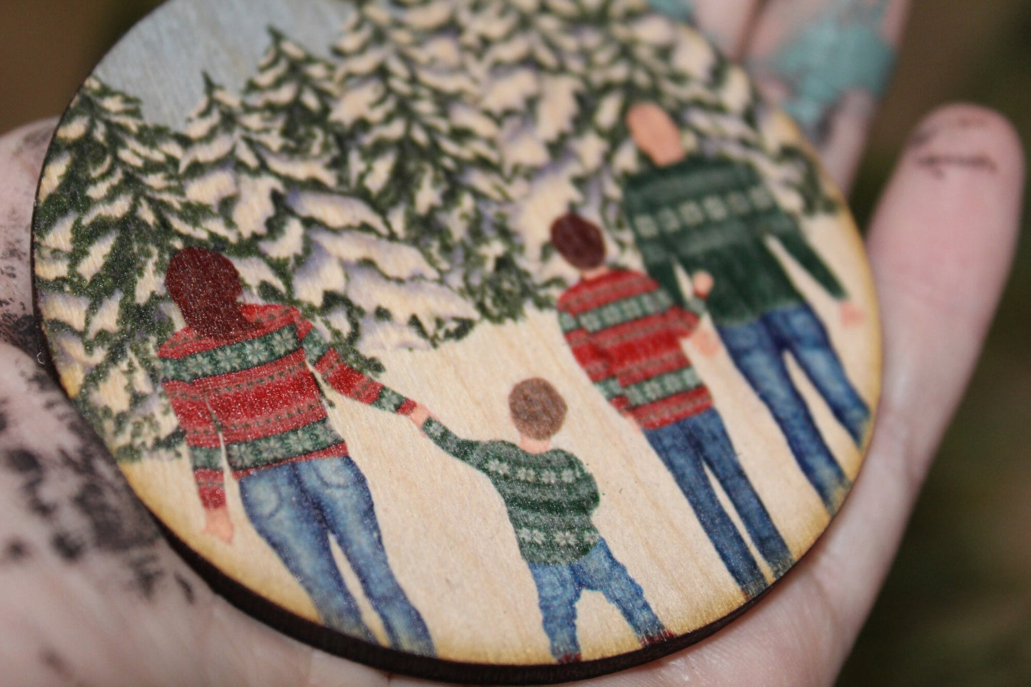 Personalize Your Family Christmas Ornament Wood Slice Winter Snow Christmas Sweater Custom Picture Cartoon Wood Slice Group Pine Trees Print