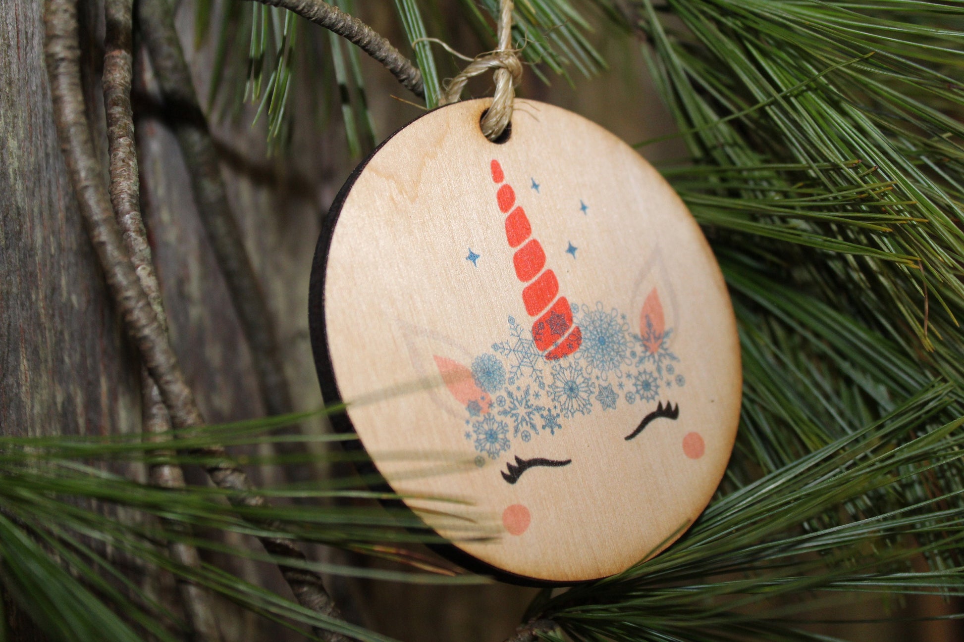 Unicorn Face Ornament With Snowflakes Wood Slice Horn Eyelashes Up-close Winter Primitive Christmas Ornament Rustic Christmas Tree Printed