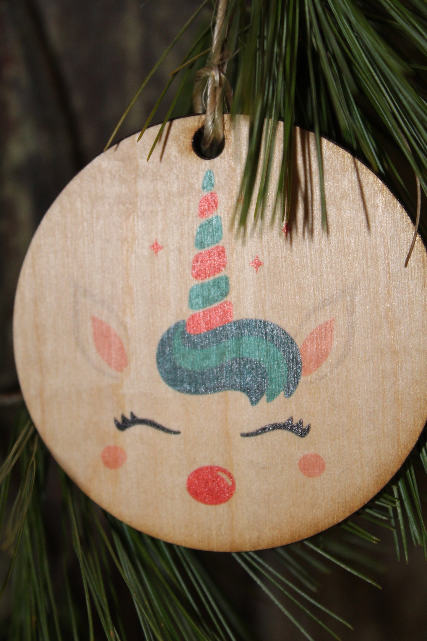 Unicorn Face Ornament Rudolph Red Nose Reindeer Wood Slice Horn Eyelashes Up-close Primitive Christmas Ornament Rustic Tree Printed