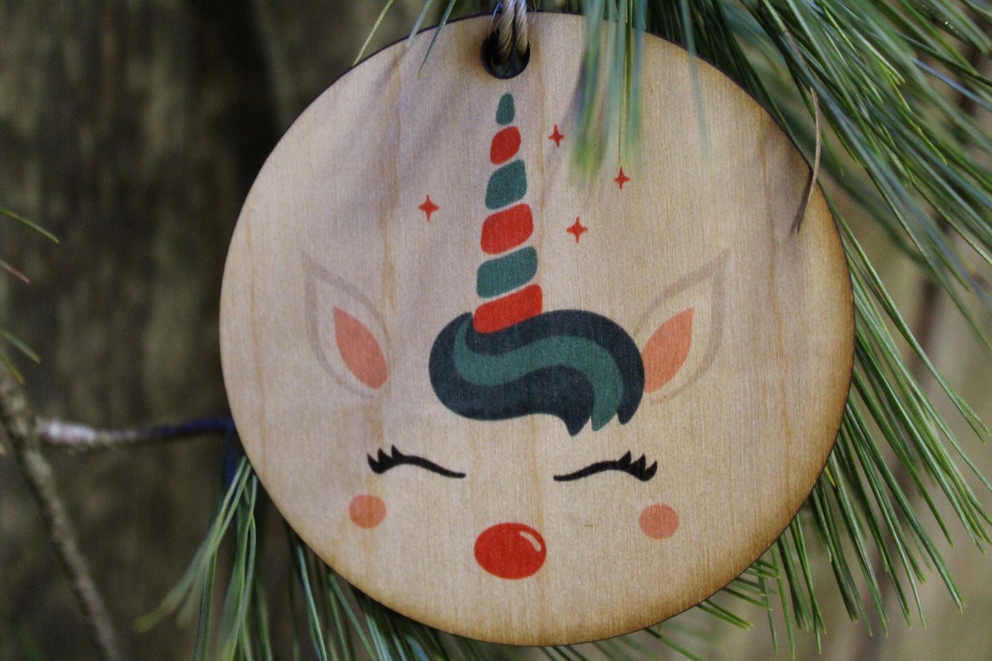 Unicorn Face Ornament Rudolph Red Nose Reindeer Wood Slice Horn Eyelashes Up-close Primitive Christmas Ornament Rustic Tree Printed