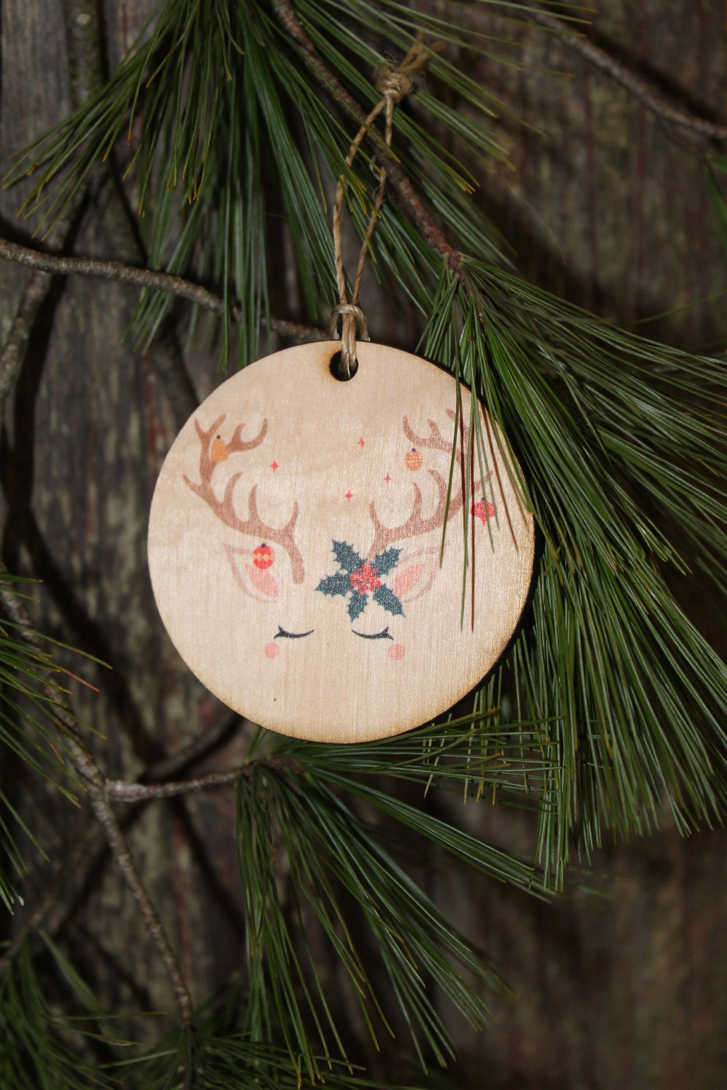 Unicorn Face Ornament Reindeer Antlers Wood Slice Poinsettia Horn Eyelashes Up-close Primitive Christmas Ornament Rustic Tree Printed