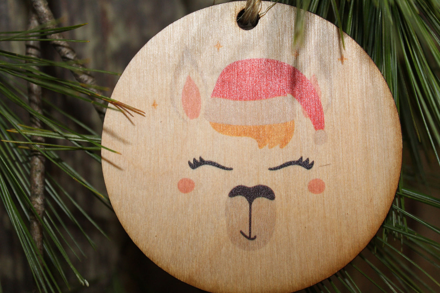 Llama Face Ornament Santa Llama Wood Slice Poinsettia Up-close Primitive Christmas Ornament Rustic Tree Printed
