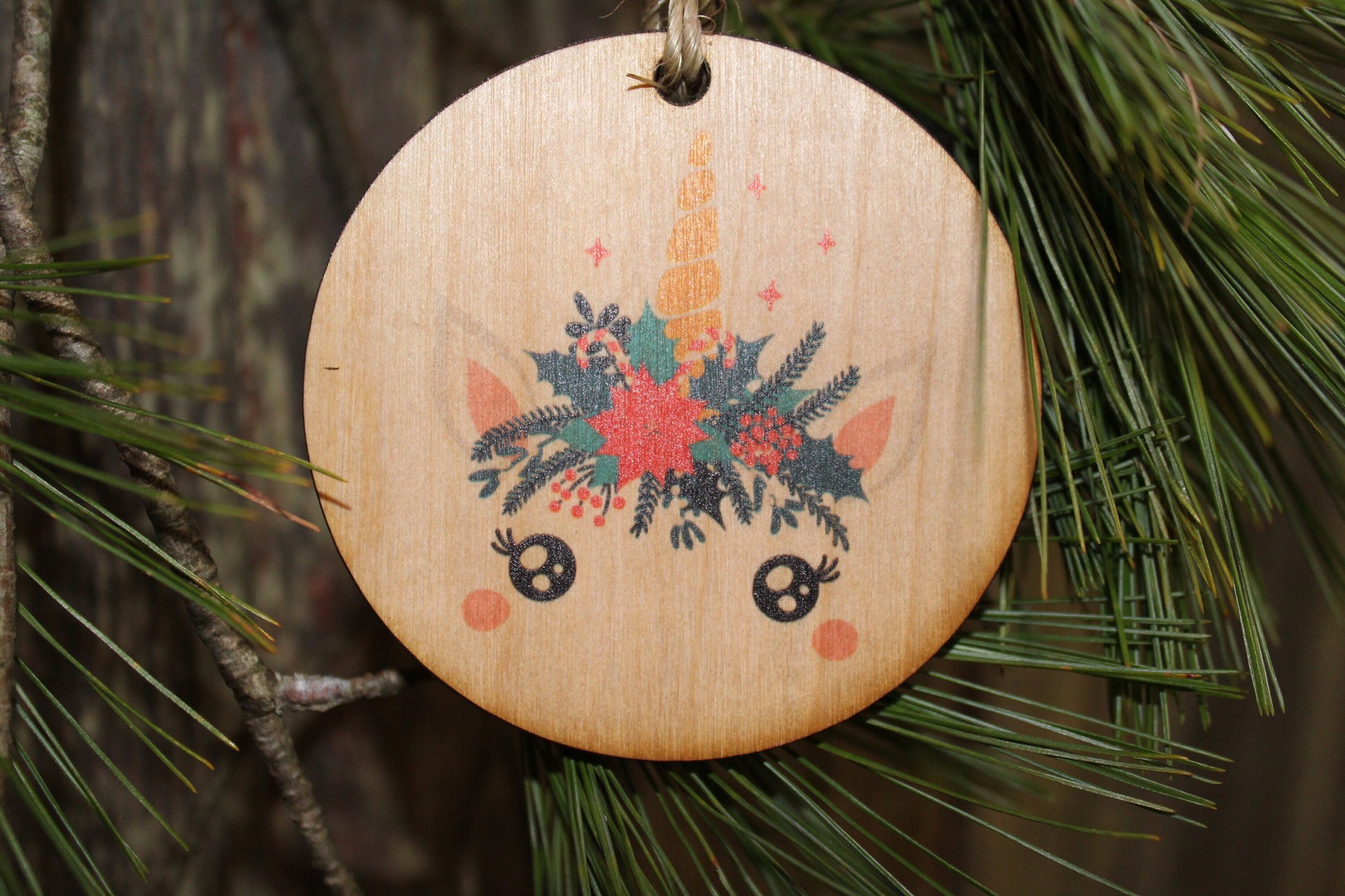 Unicorn Up-close Face Ornament Wood Slice Floral Crown Flowers Crown Primitive Christmas Ornament Rustic Tree Printed