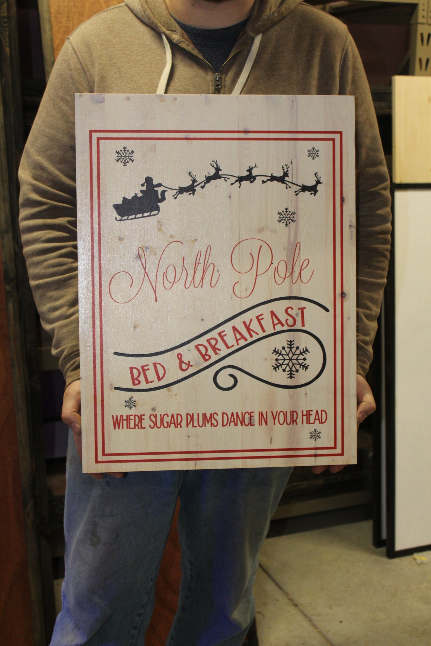North Pole Bed and Breakfast Wood Sign B&B Printed Color Santa and Flying Reindeer Rudolph Christmas Wall Decoration Art