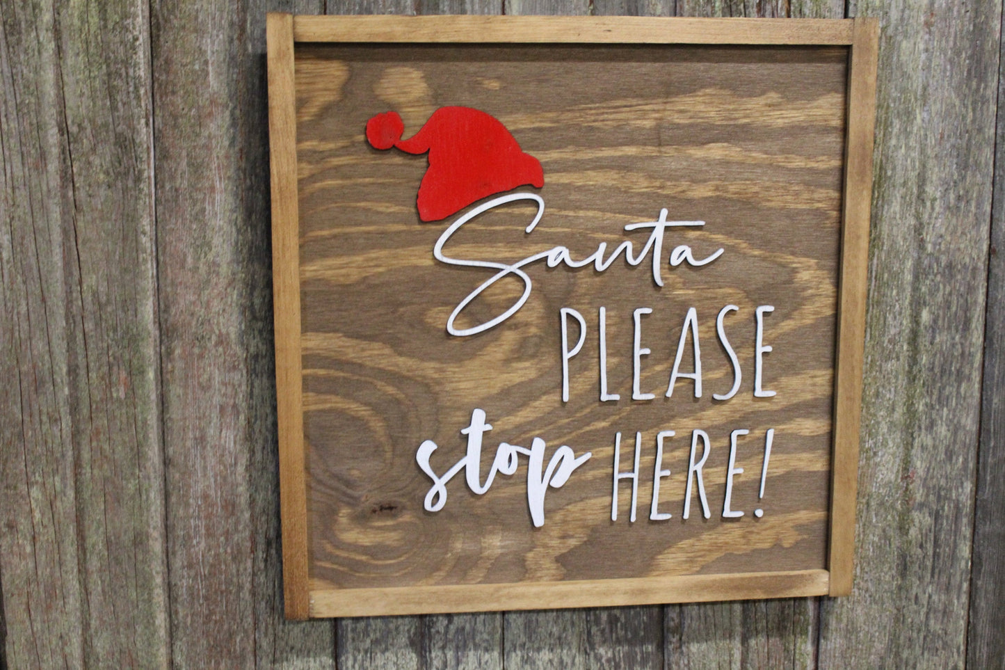 Santa Please Stop Here Raised Text Wood Sign 3D Stands off the Board Holiday Christmas Wooden Primitive Wall Décor Decoration Framed